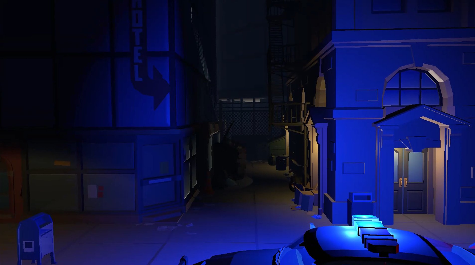 Police cruiser with emergency lights, night alley